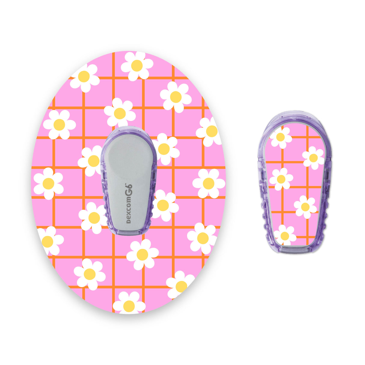 Pink & Orange Check Flowers Dexcom G6 Diabetes Patch with Matching Vinyl Centre Sticker