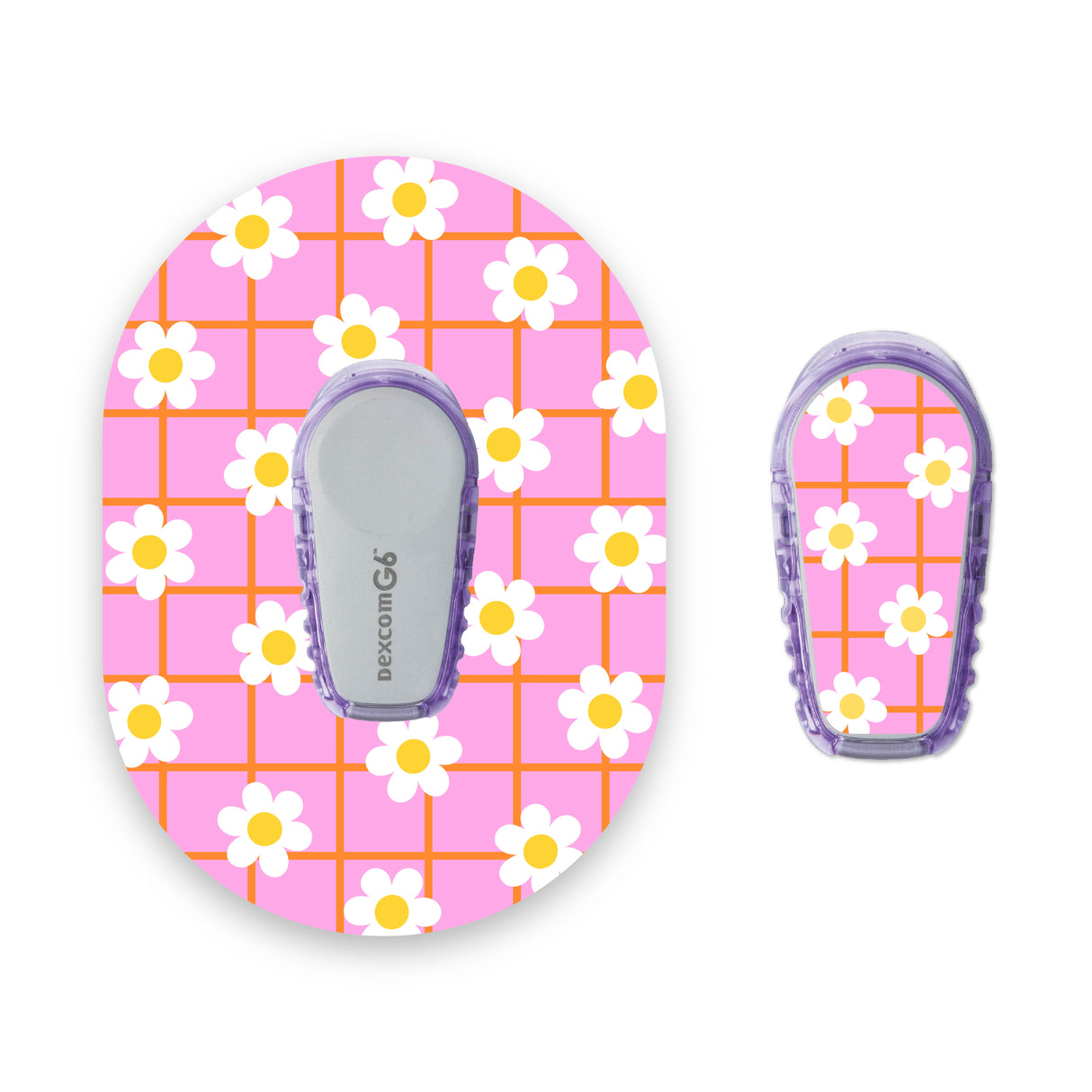 Pink & Orange Check Flowers Dexcom G6 Diabetes Patch with Matching Vinyl Centre Sticker