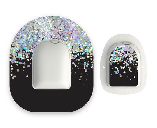 Black Printed Glitter Effect Omnipod Diabetes Patch with Matching Vinyl Centre Sticker