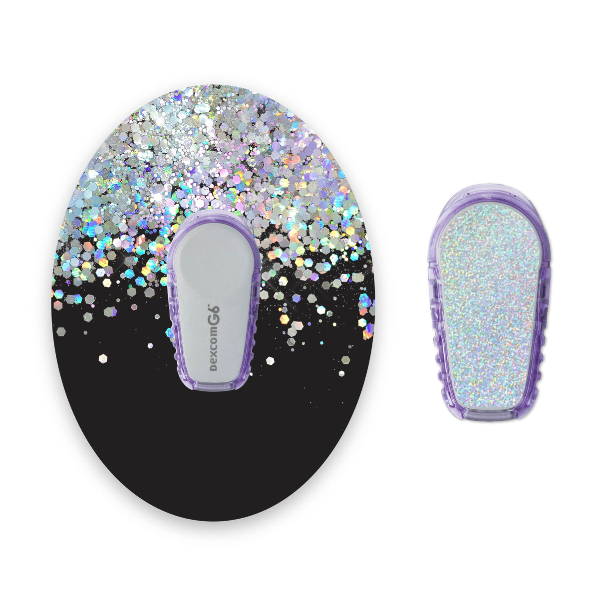 Black Printed Glitter Effect Dexcom G6 Diabetes Patch with Silver Holographic Sparkle Sticker