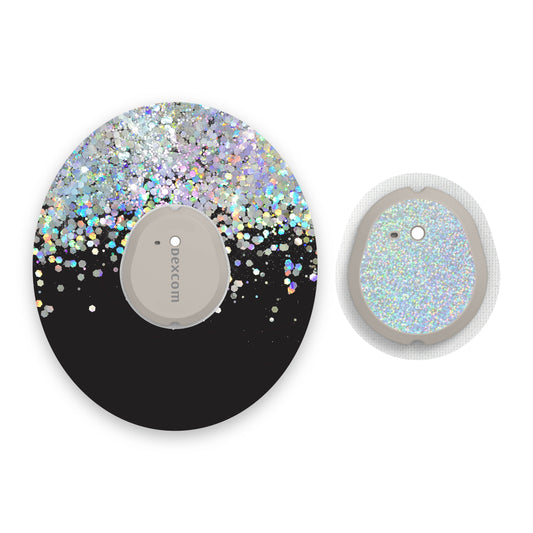 Black Printed Glitter Effect Dexcom G7 Diabetes Patch with Silver Holographic Sparkle Sticker