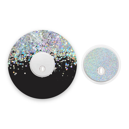 Black Printed Glitter Effect Freestyle Libre 3 Diabetes Patch with Silver Holographic Sparkle Sticker