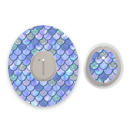 Blue-Purple Mermaid Scales Dexcom G7 Diabetes Patch with Matching Vinyl Centre Sticker