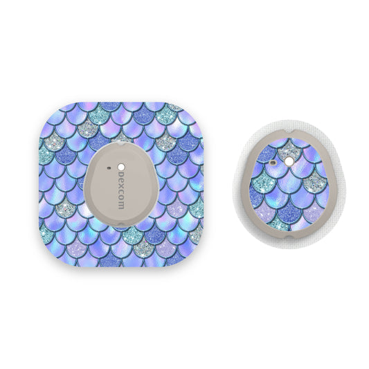 Blue-Purple Mermaid Scales Dexcom G7 Diabetes Patch with Matching Vinyl Centre Sticker