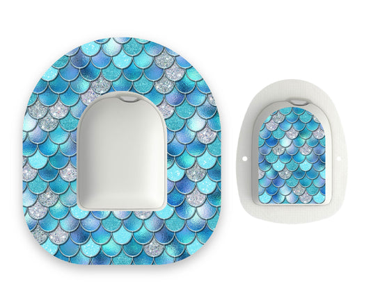 Blue Mermaid Scales Omnipod Diabetes Patch with Matching Vinyl Centre Sticker