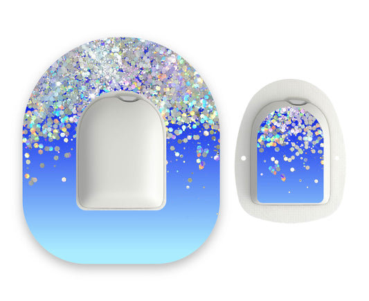 Blue Ombré Printed Glitter Effect Omnipod Diabetes Patch with Matching Vinyl Centre Sticker