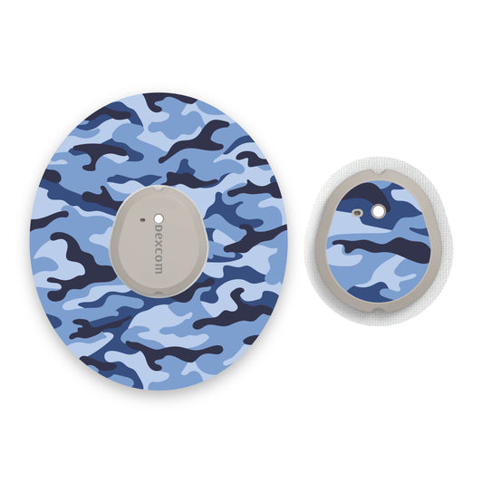 Blue Camouflage Dexcom G7 Diabetes Patch with Matching Vinyl Centre Sticker