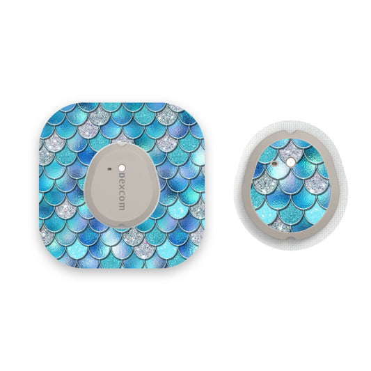 Blue Mermaid Scales Dexcom G7 Diabetes Patch with Matching Vinyl Centre Sticker