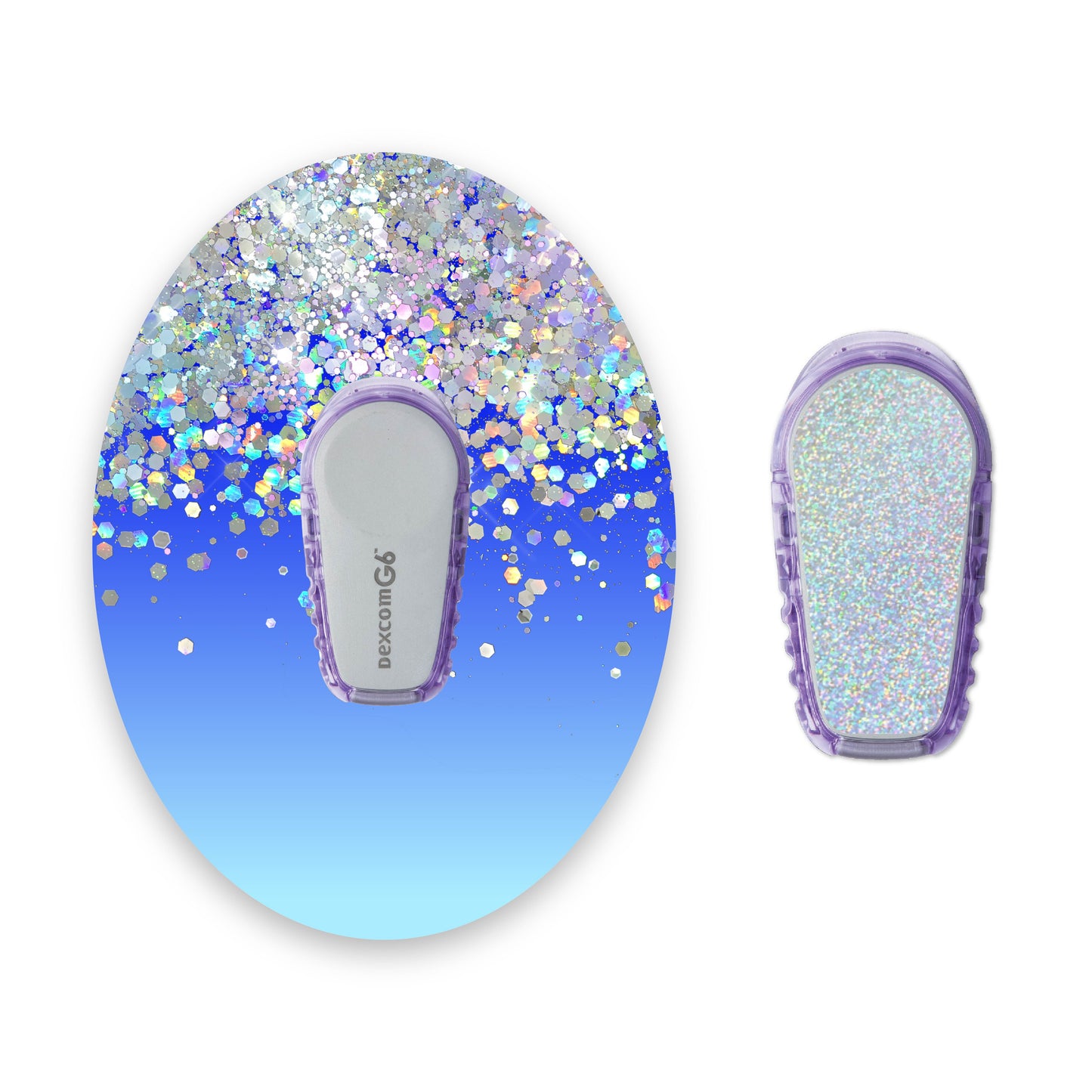 Blue Ombré Printed Glitter Effect Dexcom G6 Diabetes Patch with Silver Holographic Sparkle Sticker