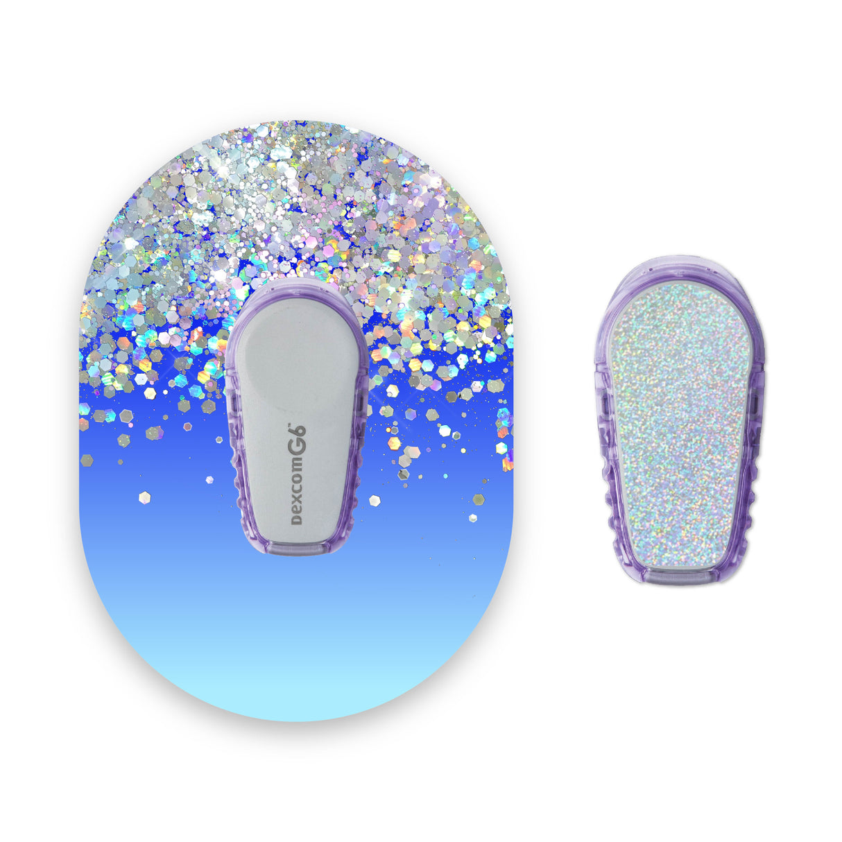 Blue Ombré Printed Glitter Effect Dexcom G6 Diabetes Patch with Silver Holographic Sparkle Sticker