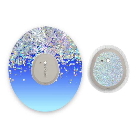 Blue Ombré Printed Glitter Effect Dexcom G7 Diabetes Patch with Silver Holographic Sparkle Sticker