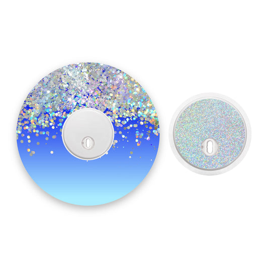 Blue Ombré Printed Glitter Effect Freestyle Libre 3 Diabetes Patch with Silver Holographic Sparkle Sticker