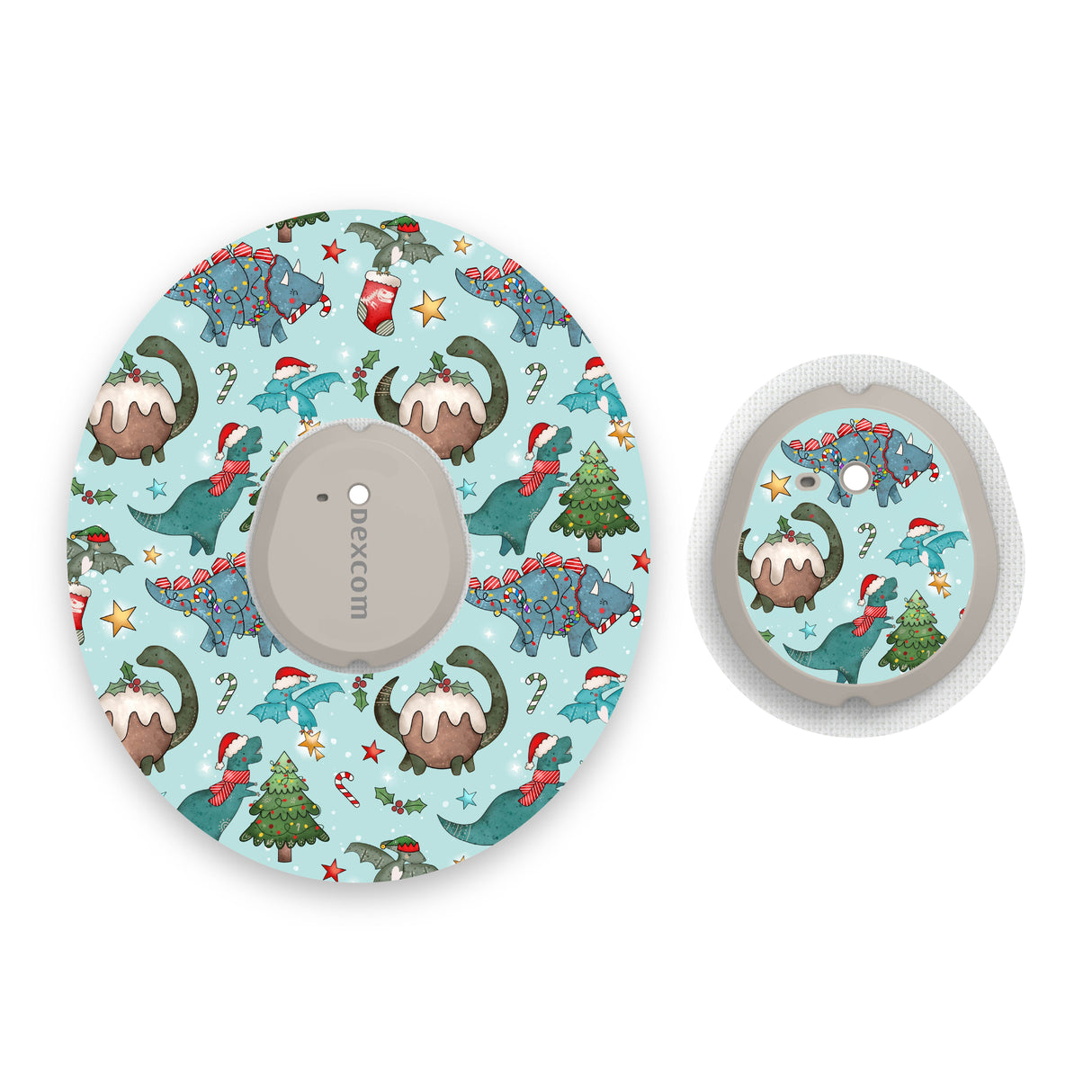 Christmas Dinosaurs Dexcom G7 Diabetes Patch with Matching Vinyl Centre Sticker