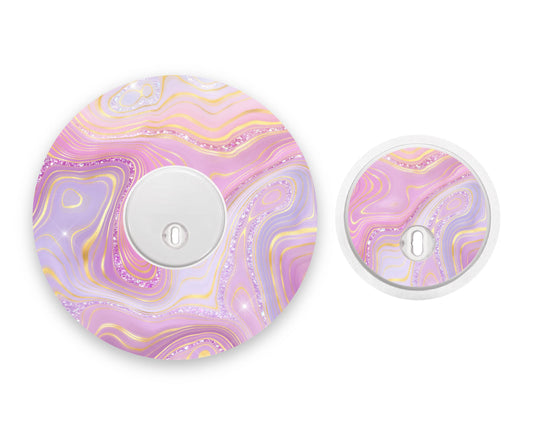 Pink Marble Sparkle Effect Freestyle Libre 3 Diabetes Patch with Matching Vinyl Centre Sticker