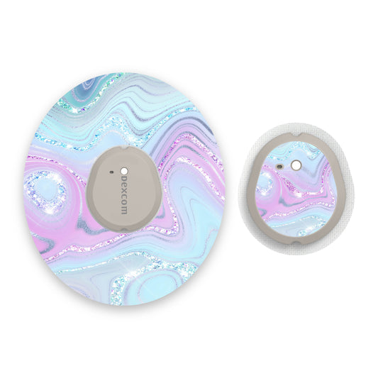 Aqua Pink Marble Sparkle Effect Dexcom G7 Diabetes Patch with Matching Vinyl Centre Sticker