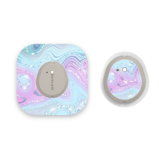 Aqua Pink Marble Sparkle Effect Dexcom G7 Diabetes Patch with Matching Vinyl Centre Sticker