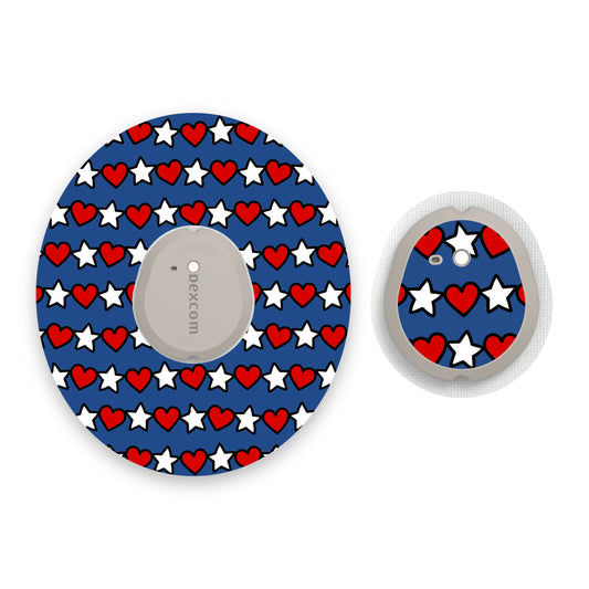 Patriotic Hearts & Stars Dexcom G7 Diabetes Patch with Matching Vinyl Centre Sticker