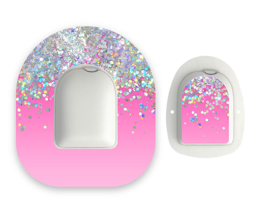 Pink Ombré Printed Glitter Effect Omnipod Diabetes Patch with Matching Vinyl Centre Sticker