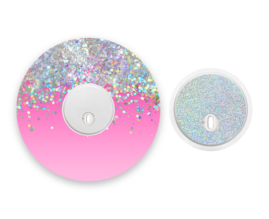 Pink Ombré Printed Glitter Effect Freestyle Libre 3 Diabetes Patch with Silver Holographic Sparkle Sticker