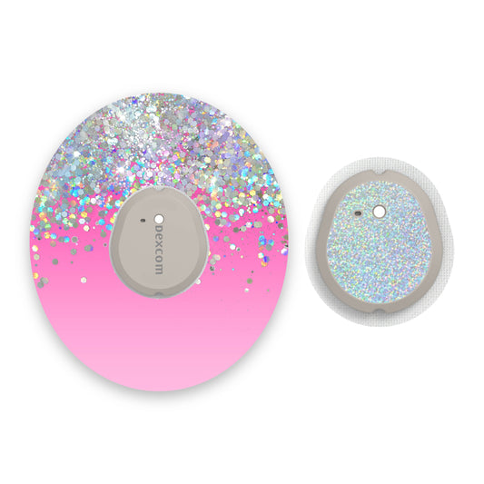 Pink Ombré Printed Glitter Effect Dexcom G7 Diabetes Patch with Silver Holographic Sparkle Sticker