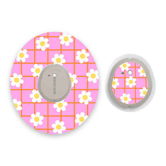 Pink & Orange Check Flowers Dexcom G7 Diabetes Patch with Matching Vinyl Centre Sticker