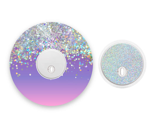 Purple Ombré Printed Glitter Effect Freestyle Libre 3 Diabetes Patch with Silver Holographic Sparkle Sticker