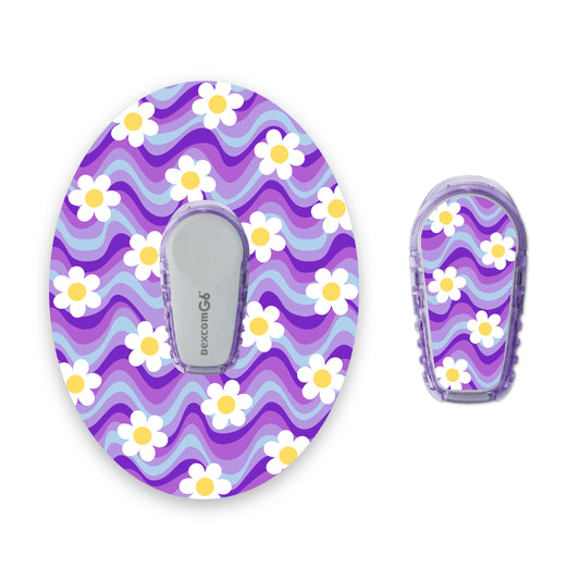 Purple Groovy Flowers Dexcom G6 Diabetes Patch with Matching Vinyl Centre Sticker