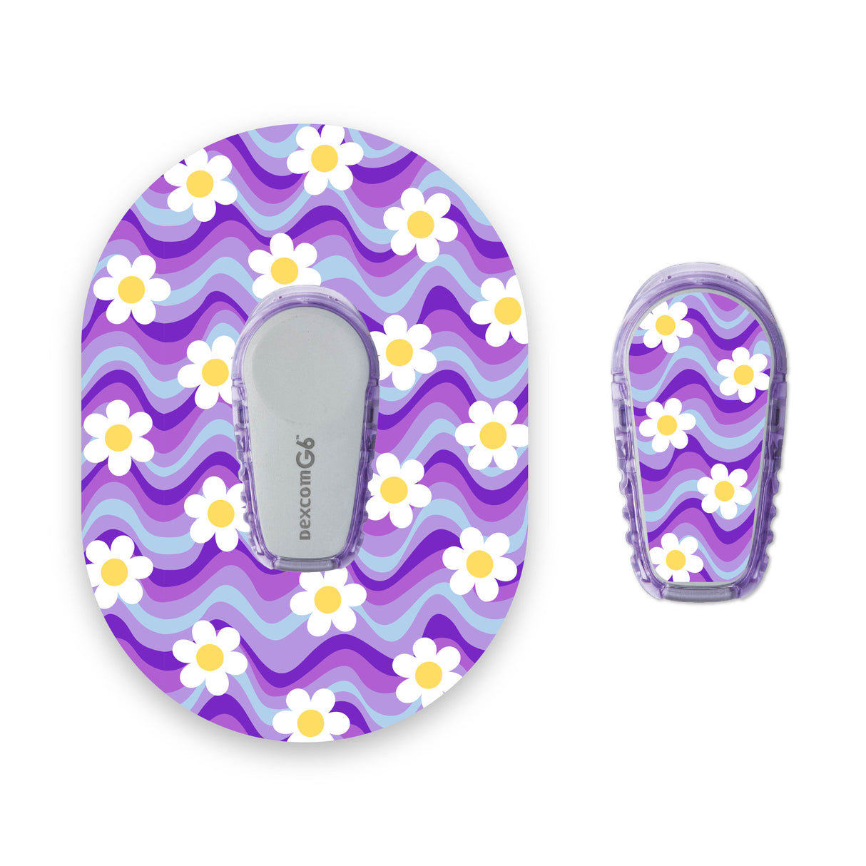 Purple Groovy Flowers Dexcom G6 Diabetes Patch with Matching Vinyl Centre Sticker
