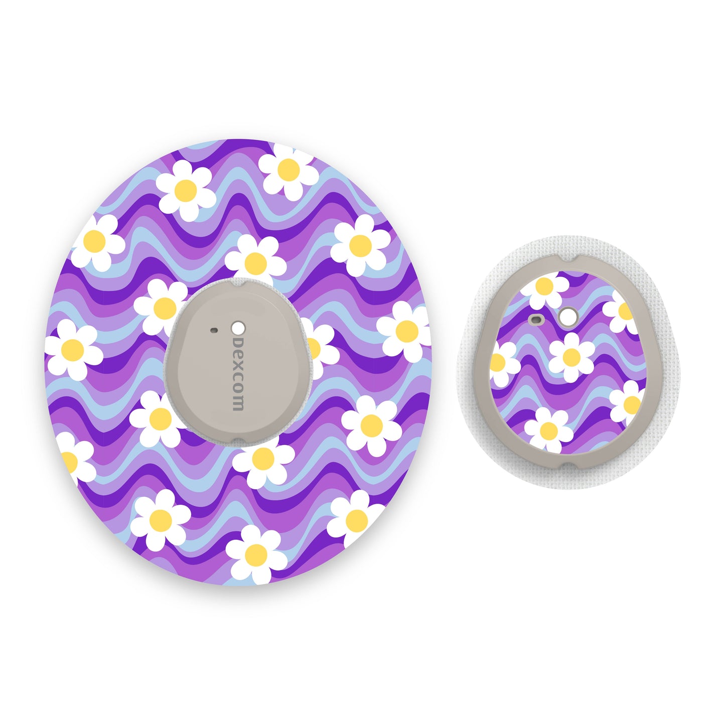 Purple Groovy Flowers Dexcom G7 Diabetes Patch with Matching Vinyl Centre Sticker