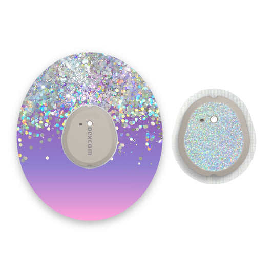 Purple Ombré Printed Glitter Effect Dexcom G7 Diabetes Patch with Silver Holographic Sparkle Sticker