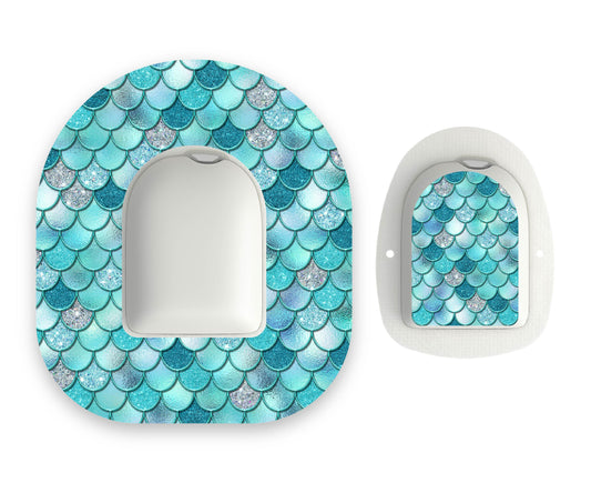 Turquoise Mermaid Scales Omnipod Diabetes Patch with Matching Vinyl Centre Sticker