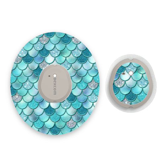 Turquoise Mermaid Scales Dexcom G7 Diabetes Patch with Matching Vinyl Centre Sticker