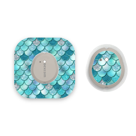 Turquoise Mermaid Scales Dexcom G7 Diabetes Patch with Matching Vinyl Centre Sticker